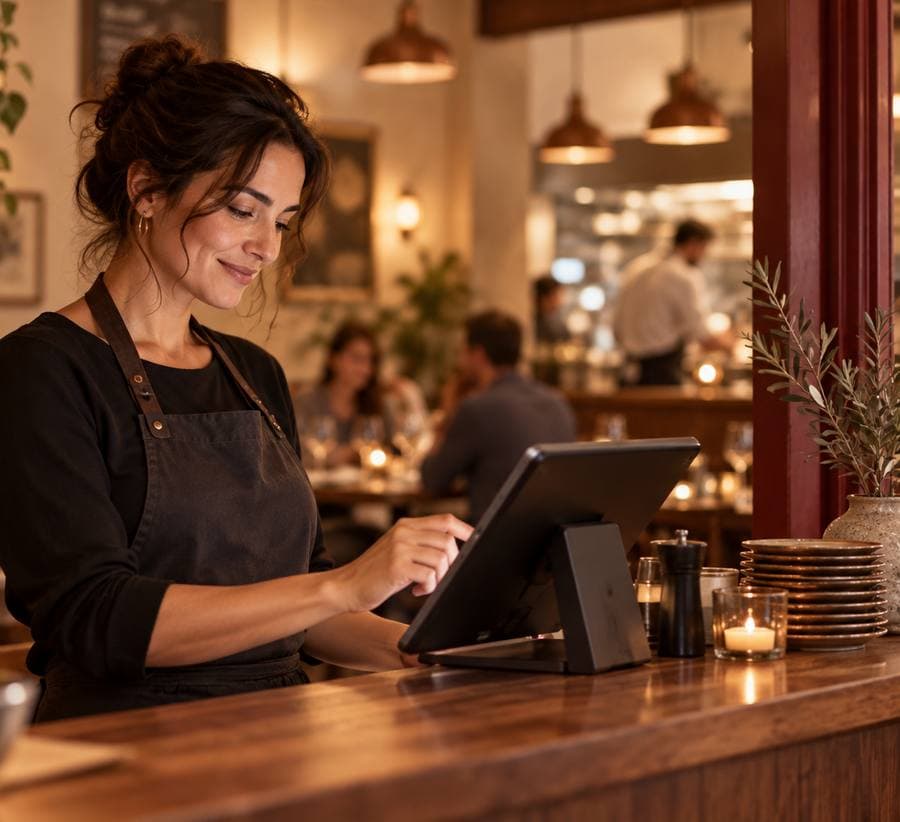 Restaurant owner taking an order on a Locabite POS at a busy counter